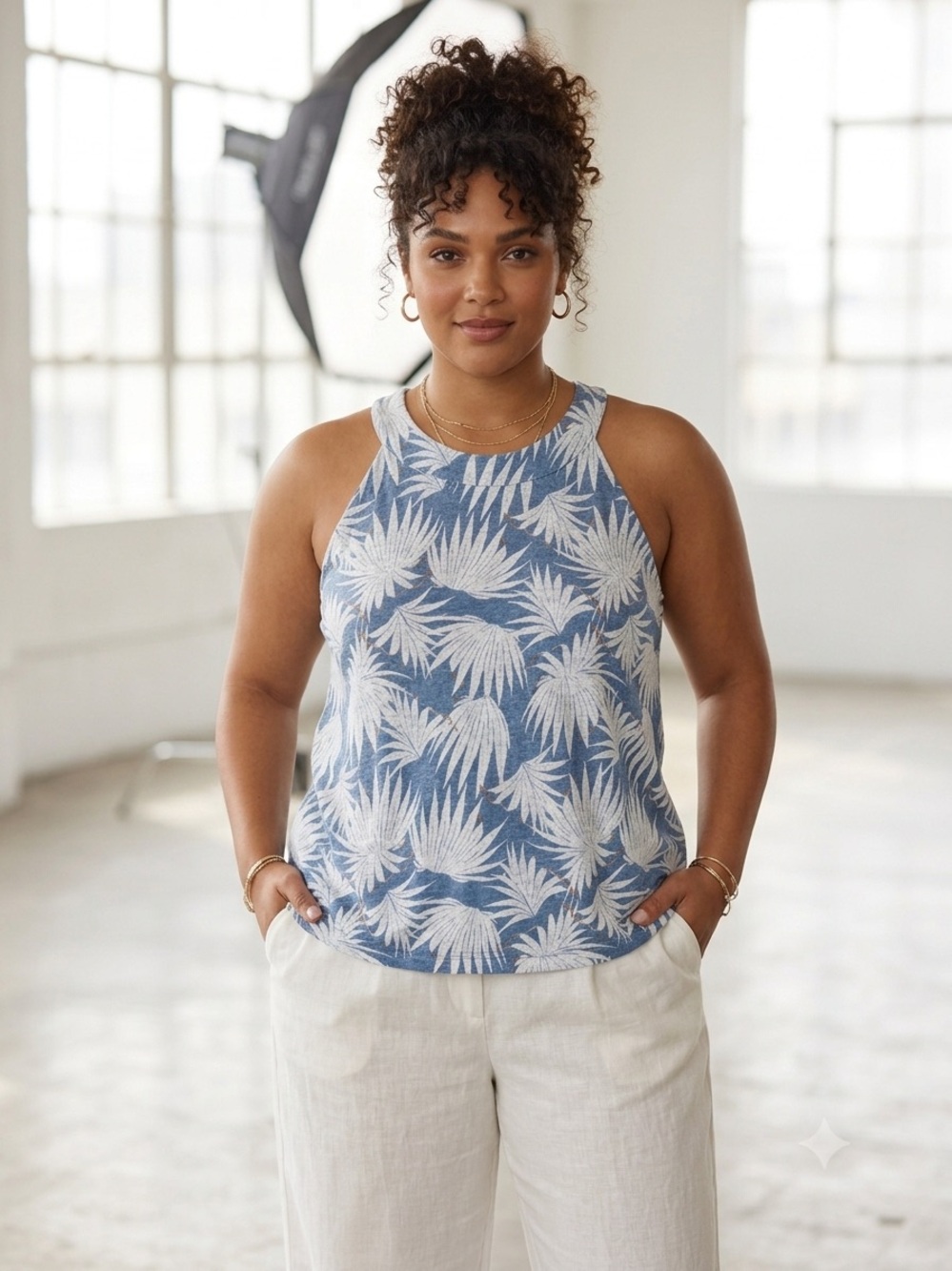 Rachel Zoe Women's 100% Linen Blue Palm-Print Tank Top XL